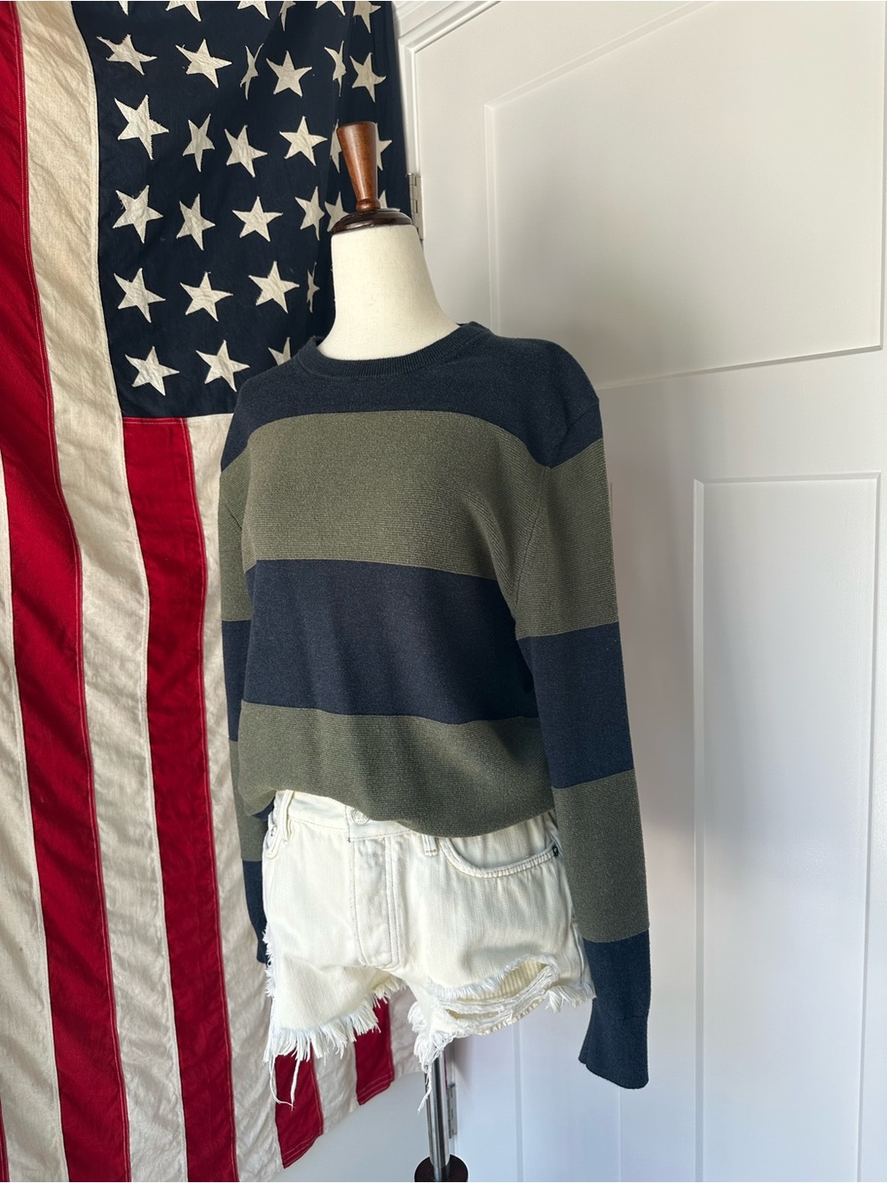 J.Crew Factory Navy & Green Wide Striped Crewneck Knit Sweater M unisex